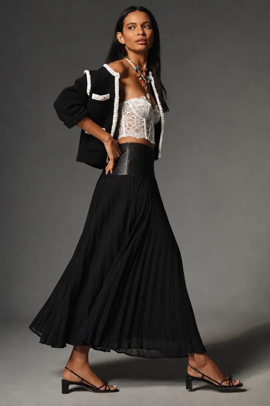 By Anthropologie Black Maxi Skirt 16 Faux Leather Yoke Goth Sheer Flowy